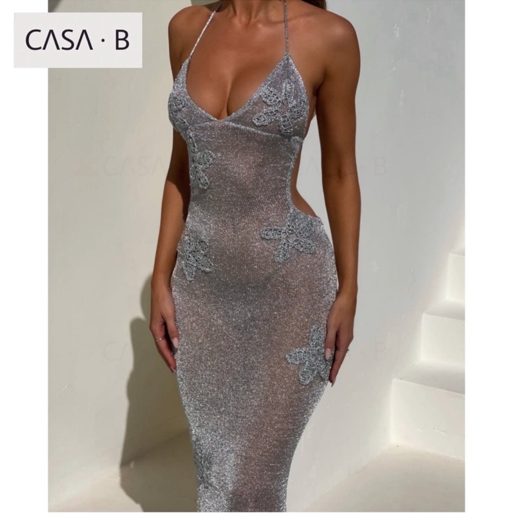 NEW💫 CASA B| The Celestine Crystal Mesh Silver Halter Flower appliqué Maxi Dress - Picture 6 of 7